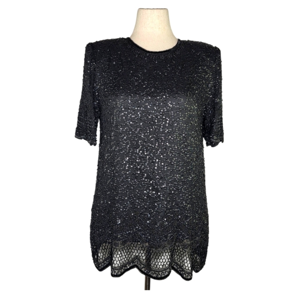 Vintage Brilliante Black Silk Beaded Sequin Scallop Hem Evening Tunic Top L
